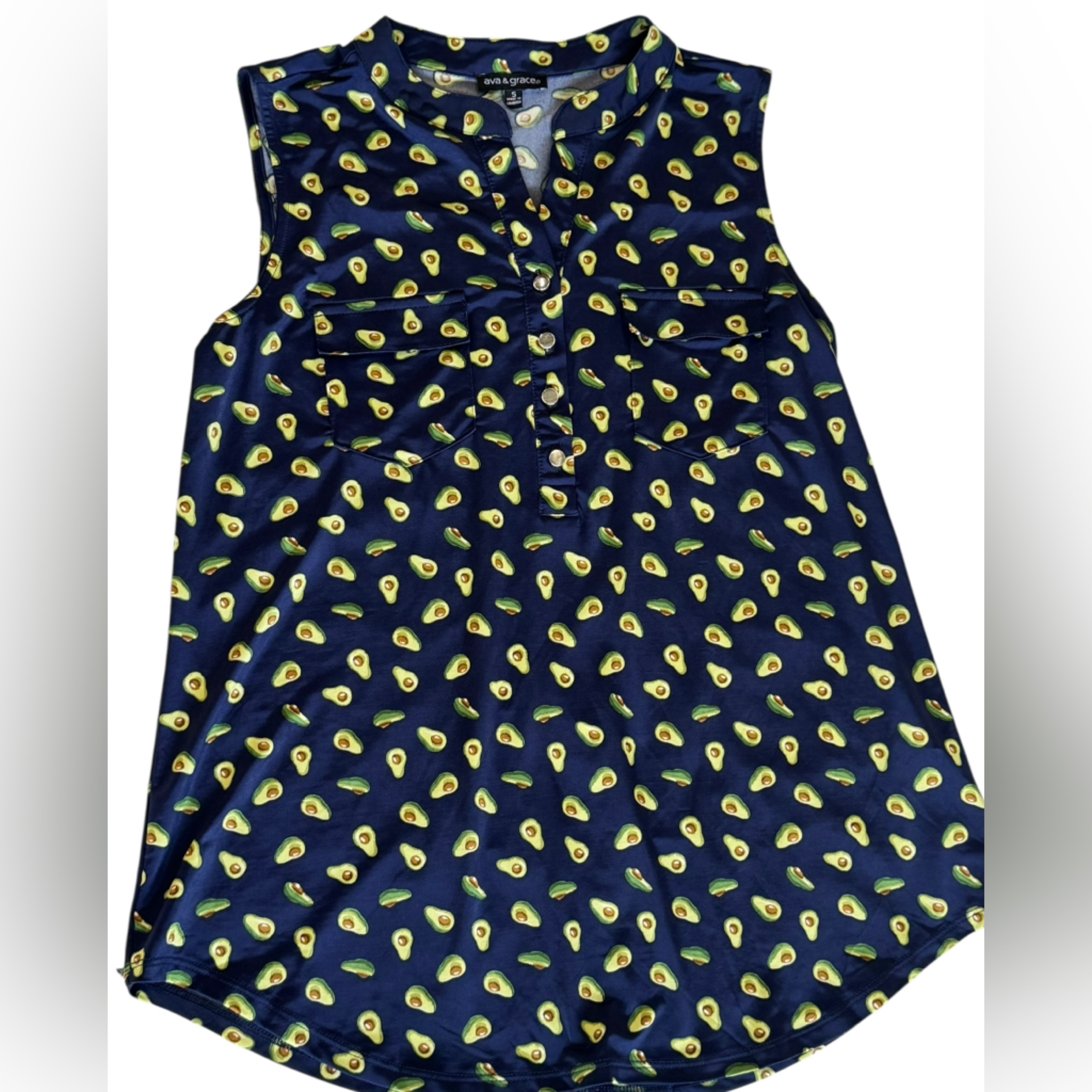 Ava & Grace Ladies Sleeveless Avocado Print Satin Blouse Top Size Small